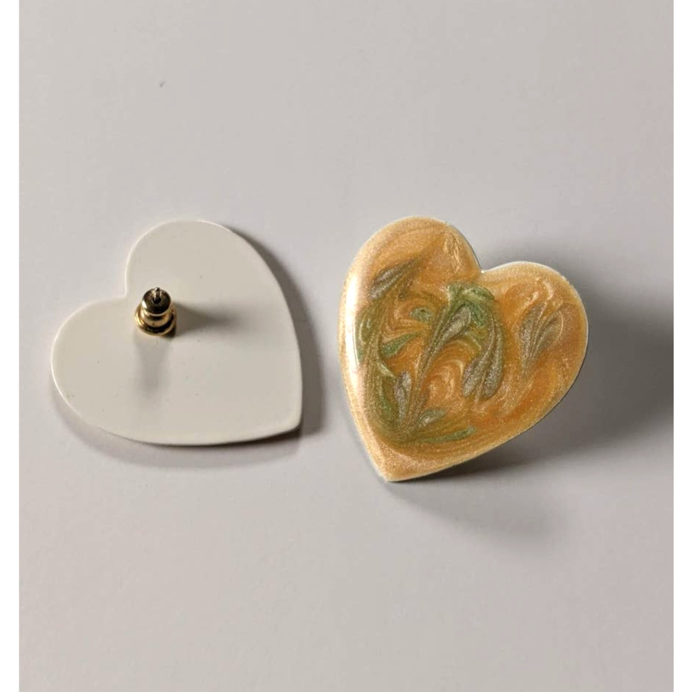 Vintage 80's Heart Shaped Post Earrings // Orange and Green Swirl Heart Earrings - Picture 2 of 4